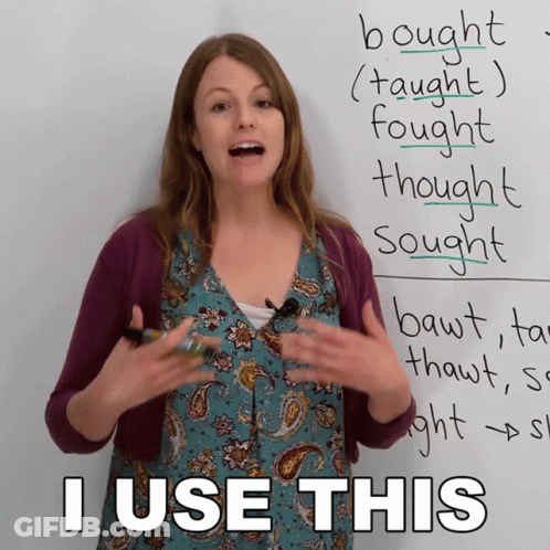 A Woman Stands In Front Of A White Board With The Words Bought Thought Sought Written On It GIF