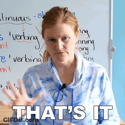 A Woman Stands In Front Of A White Board With The Words That 'S It Written On It GIF