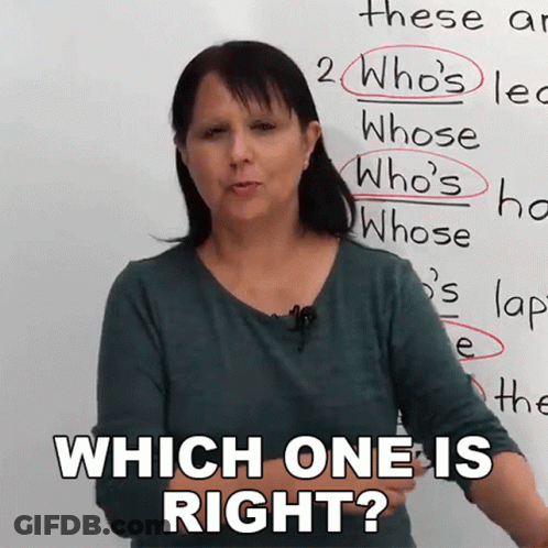 A Woman Stands In Front Of A White Board With The Words Which One Is Right GIF