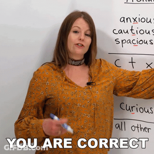 A Woman Stands In Front Of A White Board With The Words You Are Correct On The Bottom GIF