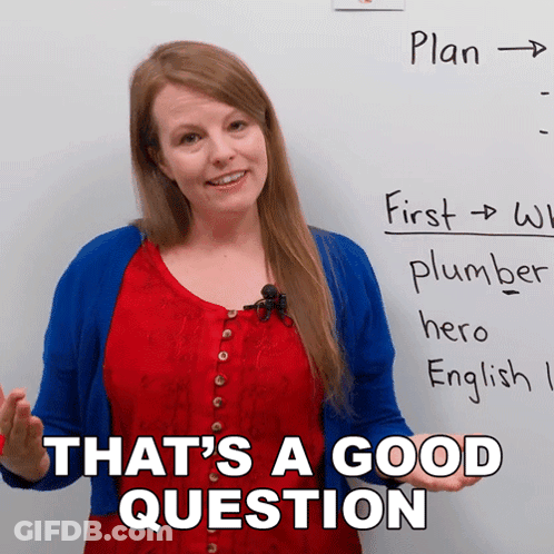 A Woman Stands In Front Of A Whiteboard With The Words That 'S A Good Question Written On It GIF