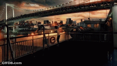 A Woman Stands On A Balcony Overlooking A Bridge That Has The Word Ncis On It GIF