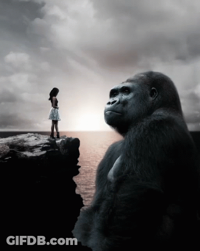 A Woman Stands On A Cliff Next To A Large Gorilla GIF