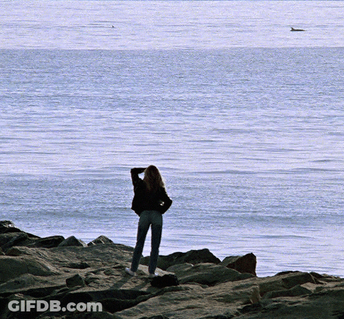 A Woman Stands On A Rocky Shore Looking Out Over The Ocean GIF