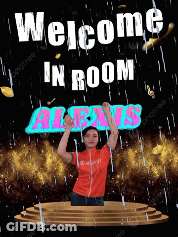 A Woman Stands On A Stage In Front Of A Sign That Says " Welcome In Room Alexis " GIF