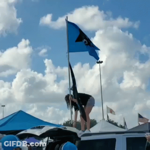 A Woman Stands On The Roof Of A Car Holding A Blue Flag GIF