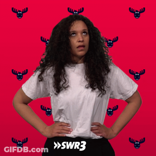 A Woman Stands With Her Hands On Her Hips In Front Of A Red Background With Moose Faces And The Word Swr3 On The Bottom GIF