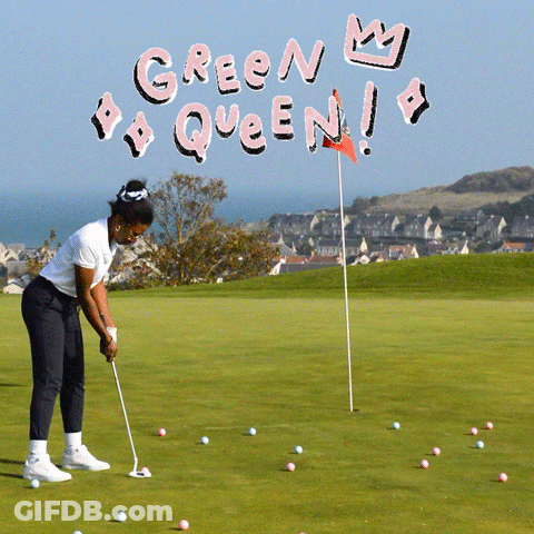 A Woman Swings A Golf Club On A Green With The Words Green Queen Above Her GIF