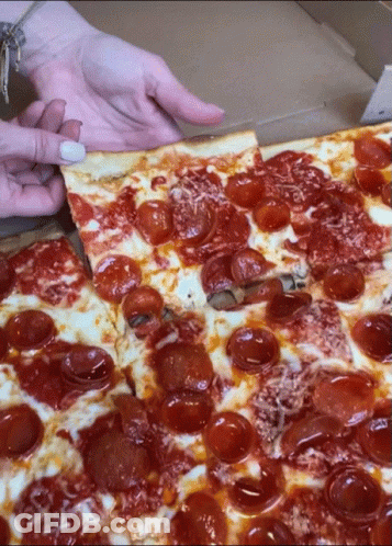 A Woman Takes A Slice Of Pepperoni Pizza Out Of A Box GIF