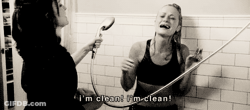 A Woman Taking A Shower With The Words I 'M Clean I 'M Clean GIF