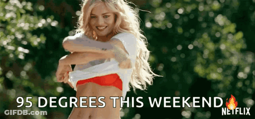 A Woman Taking Off Her Shirt With The Words 95 Degrees This Weekend Netflix GIF