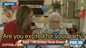 A Woman Talking Into A Microphone With The Words " Are You Excited For Your Party " Above Her GIF