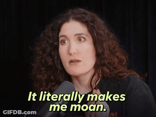 A Woman Talking Into A Microphone With The Words It Literally Makes Me Moan GIF