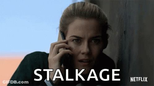 A Woman Talking On A Cell Phone With Stalkage Netflix Written Below Her GIF