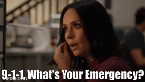 A Woman Talking On A Cell Phone With The Words 9-1-1 What 'S Your Emergency Written Below Her GIF