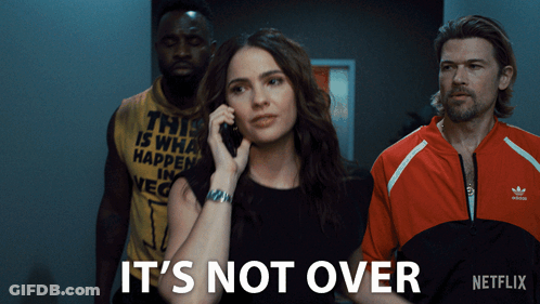 A Woman Talking On A Cell Phone With The Words It 'S Not Over In The Corner GIF