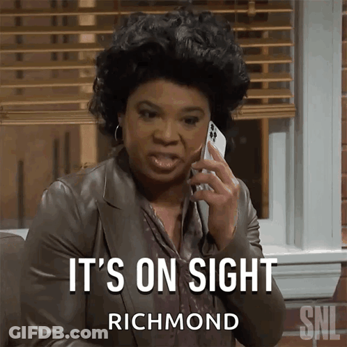 A Woman Talking On A Cell Phone With The Words It 'S On Sight Richmond Below Her GIF