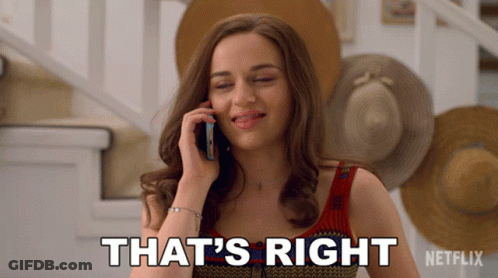 A Woman Talking On A Cell Phone With The Words " That 'S Right " Above Her GIF