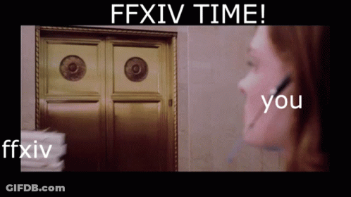 A Woman Talking On A Phone Next To A Door With The Words Ffxiv Time On It GIF