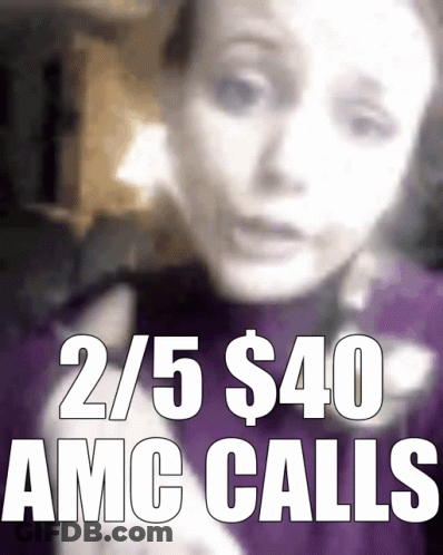 A Woman Talking On A Phone With The Words " 2/5 $ 40 Amc Calls " Above Her GIF