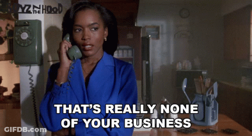 A Woman Talking On A Phone With The Words " That 'S Really None Of Your Business " Below Her GIF