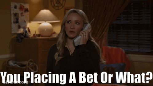 A Woman Talking On A Phone With The Words You Placing A Bet Or What GIF