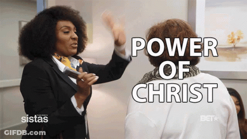 A Woman Talking To Another Woman With The Words Power Of Christ On The Screen GIF