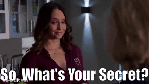 A Woman Talking To Another Woman With The Words " So What 'S Your Secret " GIF