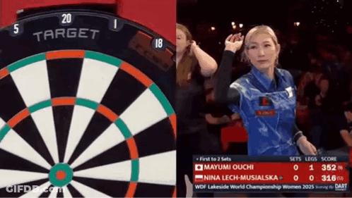 A Woman Throws A Dart In Front Of A Dartboard That Says Target GIF