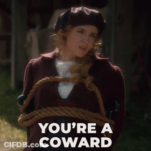 A Woman Tied Up With A Rope And The Words You 'Re A Coward Above Her GIF