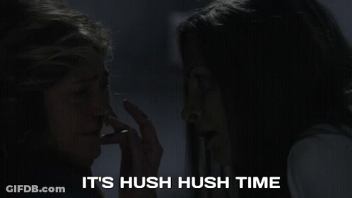 A Woman Touching Another Woman 'S Nose With The Words " It 'S Hush Hush Time " Below Her GIF