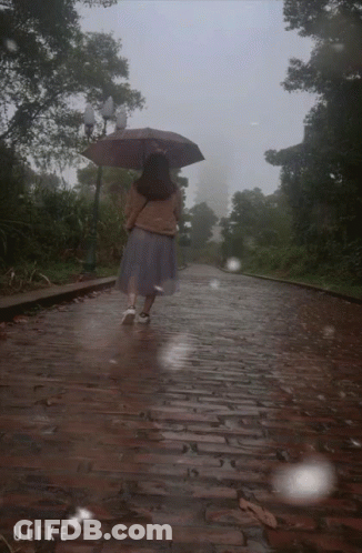 A Woman Walking Down A Cobblestone Road With An Umbrella And The Word Ulike On The Bottom GIF