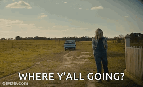 A Woman Walking Down A Dirt Road With The Words " Where Y'all Going " Behind Her GIF