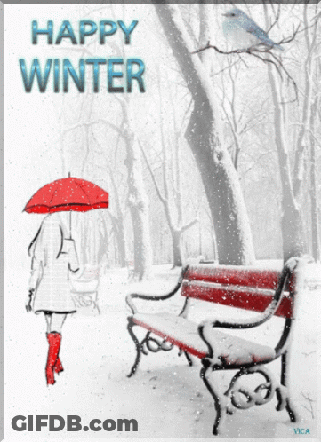 A Woman Walking In The Snow With An Umbrella And The Words Happy Winter GIF