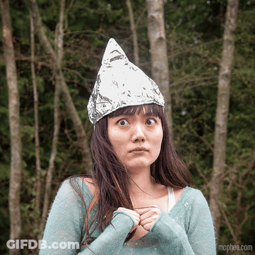 A Woman Wearing A Aluminum Foil Hat Is Standing In The Woods GIF