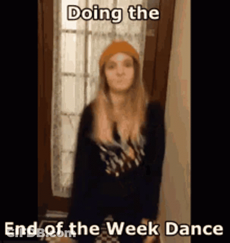 A Woman Wearing A Beanie Is Doing The End Of The Week Dance . GIF