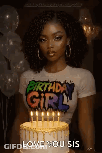 A Woman Wearing A Birthday Girl Shirt Is Standing In Front Of A Cake With Candles . GIF