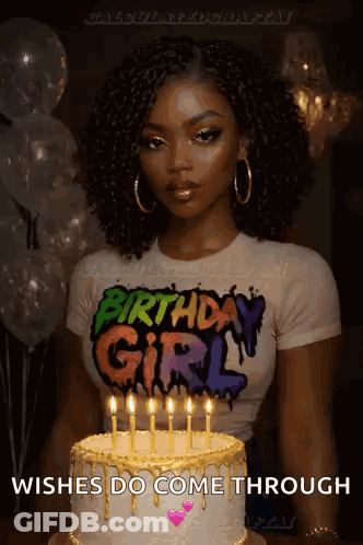 A Woman Wearing A Birthday Girl Shirt Stands In Front Of A Cake With Candles GIF
