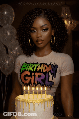 A Woman Wearing A Birthday Girl Shirt Stands In Front Of A Cake With Lit Candles GIF