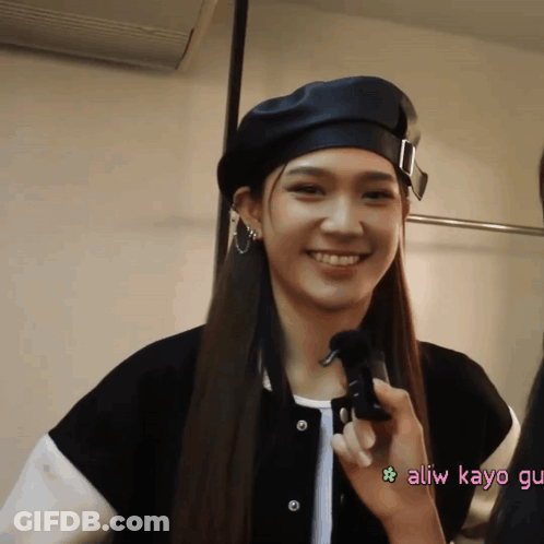 A Woman Wearing A Black Beret Is Smiling With The Words Aliw Kayo Gu On The Bottom GIF