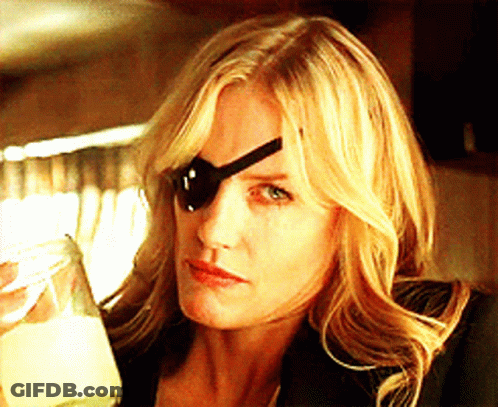 A Woman Wearing A Black Eye Patch Holds A Glass GIF