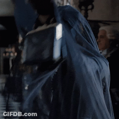 A Woman Wearing A Black Hat And A Blue Veil Looks Out A Window GIF