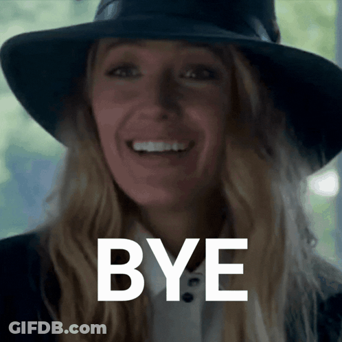 A Woman Wearing A Black Hat Is Smiling With The Word Bye Behind Her GIF