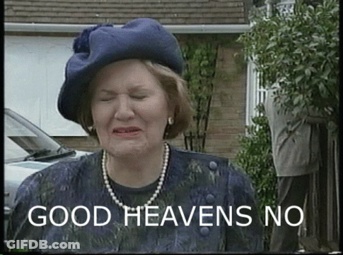 A Woman Wearing A Blue Hat And Pearls Says " Good Heavens No " GIF