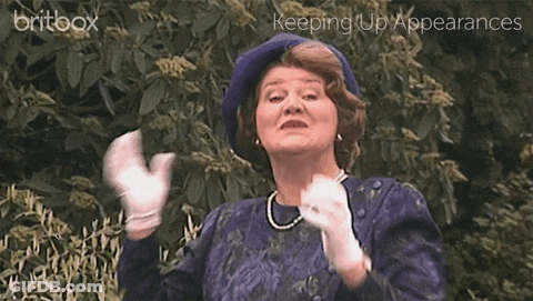 A Woman Wearing A Blue Hat And White Gloves With The Words Keeping Up Appearances On The Bottom GIF