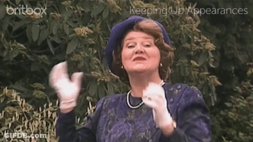 A Woman Wearing A Blue Hat And White Gloves With The Words Keeping Up Appearances On The Bottom GIF