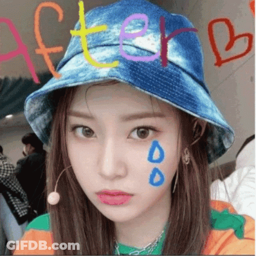 A Woman Wearing A Blue Hat Has The Word After Written On Her Face . GIF