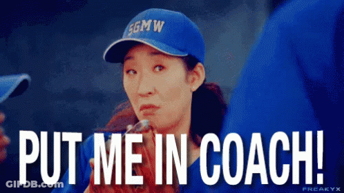 A Woman Wearing A Blue Hat Says Put Me In Coach . GIF