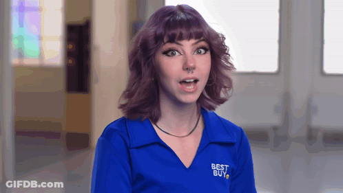 A Woman Wearing A Blue Shirt That Says Best Buy On It GIF