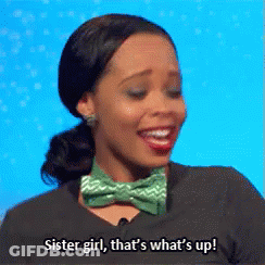 A Woman Wearing A Bow Tie And A Black Shirt Says Sister Girl That 'S What 'S Up GIF
